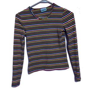 Vintage Multi Basic Editions Rainbow Stripe Long Sleeve Top Size Small